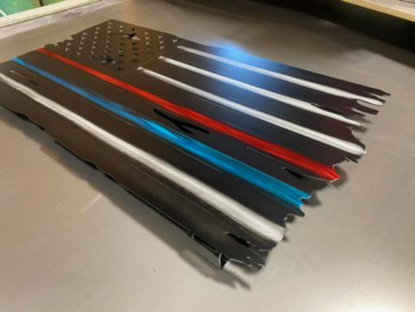 Metal American flag with Thin Red and Blue Lines for firefighters and police