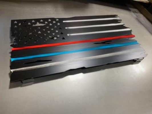 Metal American flag with Thin Red and Blue Lines for firefighters and police