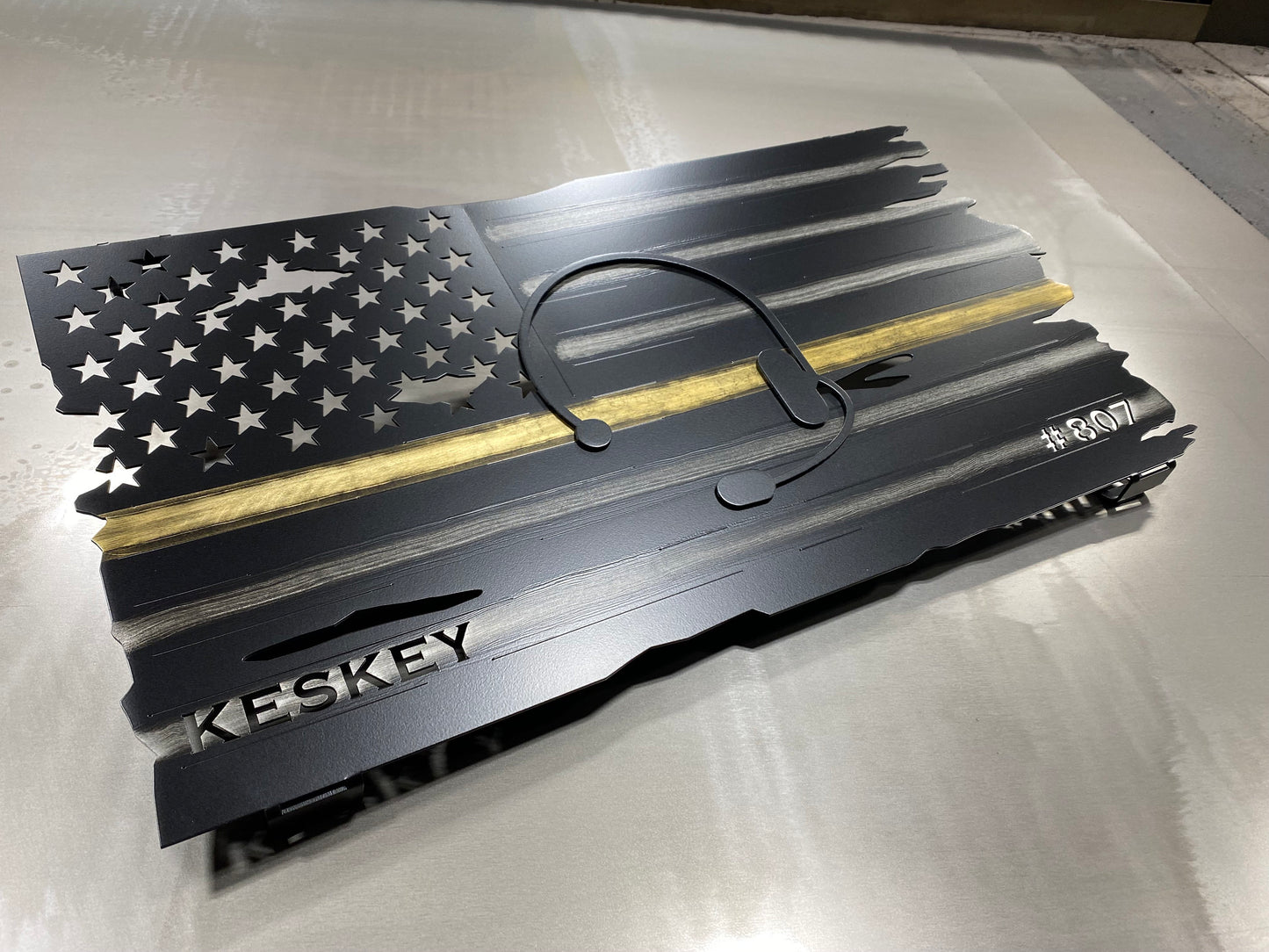 Thin Yellow Line flag honoring 911 dispatchers, made from powder coated aluminum, designed for display in homes or communication centers by CnS CnC