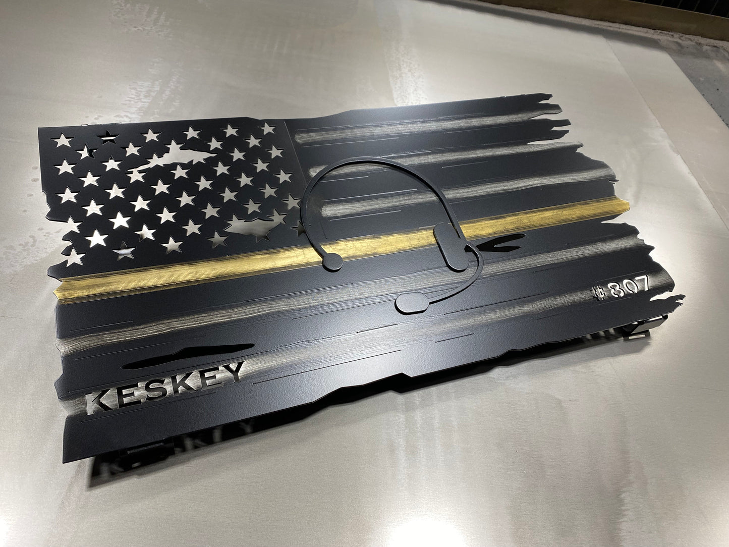 Thin Yellow Line flag honoring 911 dispatchers, made from powder coated aluminum, designed for display in homes or communication centers by CnS CnC