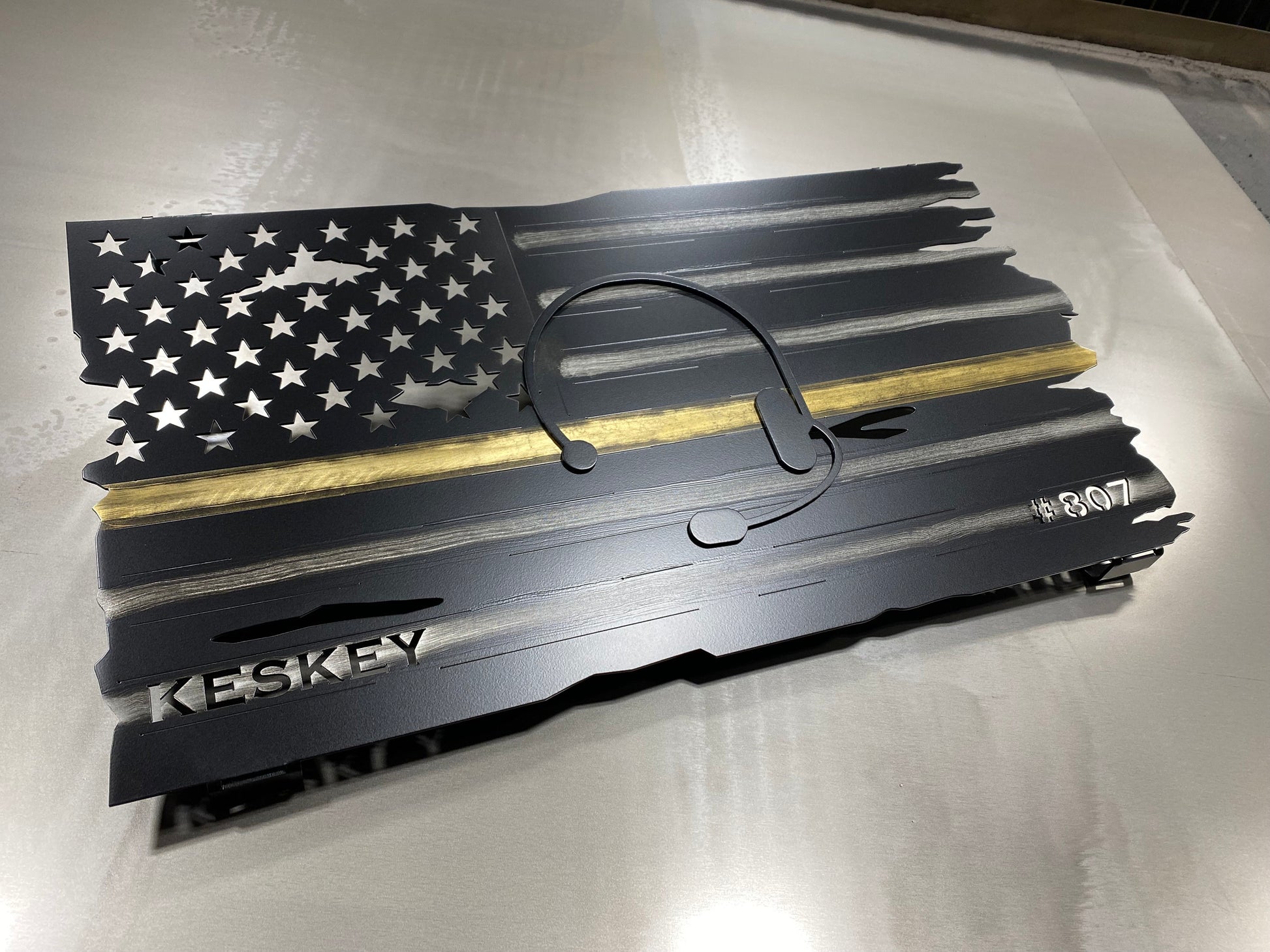 Thin Yellow Line flag honoring 911 dispatchers, made from powder coated aluminum, designed for display in homes or communication centers by CnS CnC