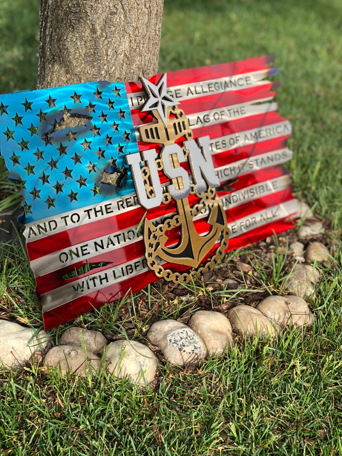 Metal American flag with US Navy Senior Chief anchor and pledge design