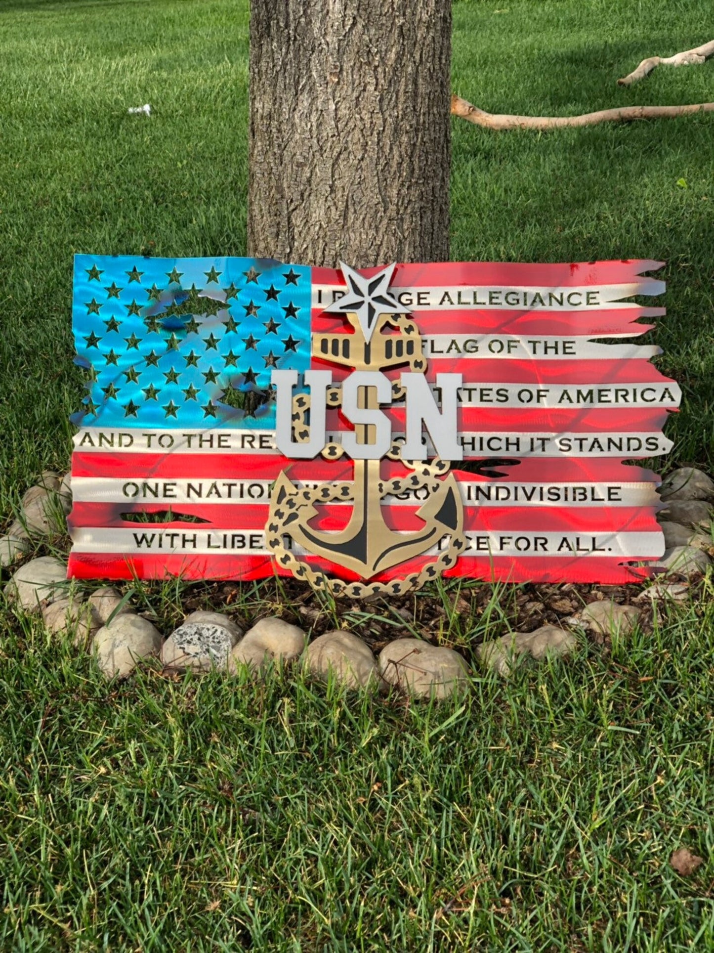 Metal American flag with US Navy Senior Chief anchor and pledge design
