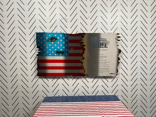 Veteran’s Creed Metal Flag featuring a distressed American flag background, crafted from durable metal with a rustic finish