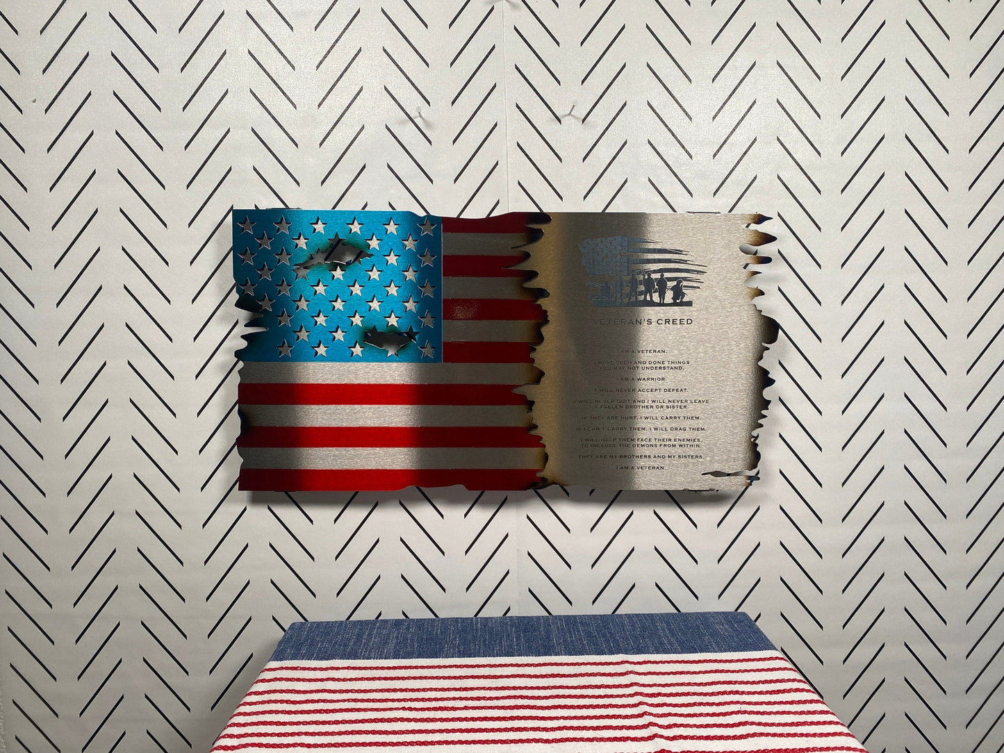 Veteran’s Creed Metal Flag featuring a distressed American flag background, crafted from durable metal with a rustic finish