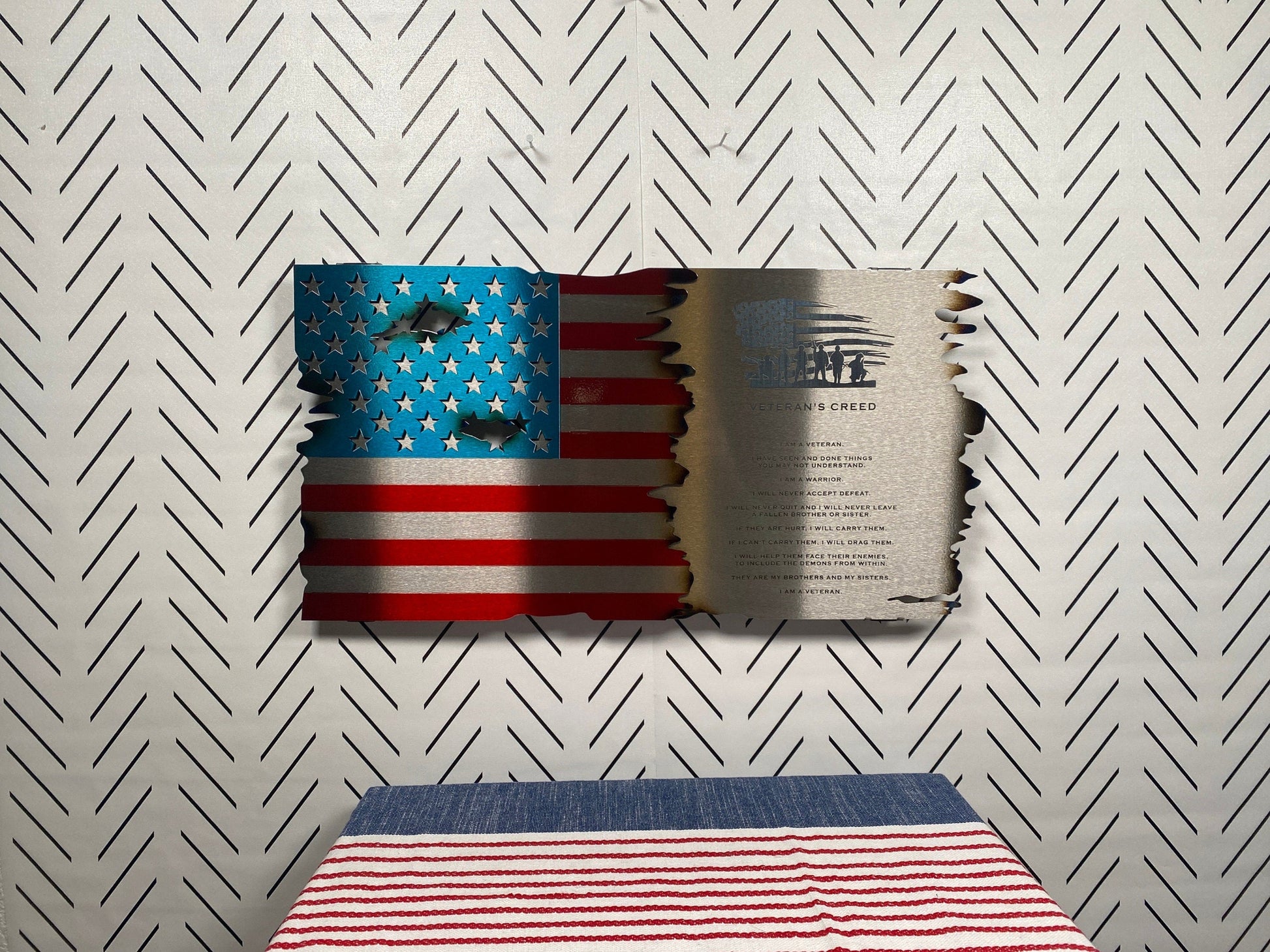 Veteran’s Creed Metal Flag featuring a distressed American flag background, crafted from durable metal with a rustic finish