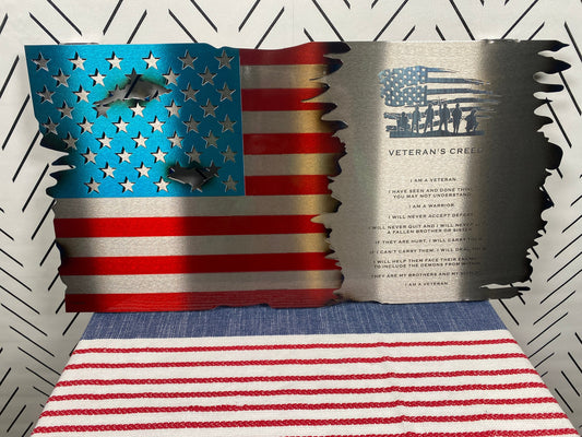 Veteran’s Creed Metal Flag featuring a distressed American flag background, crafted from durable metal with a rustic finish
