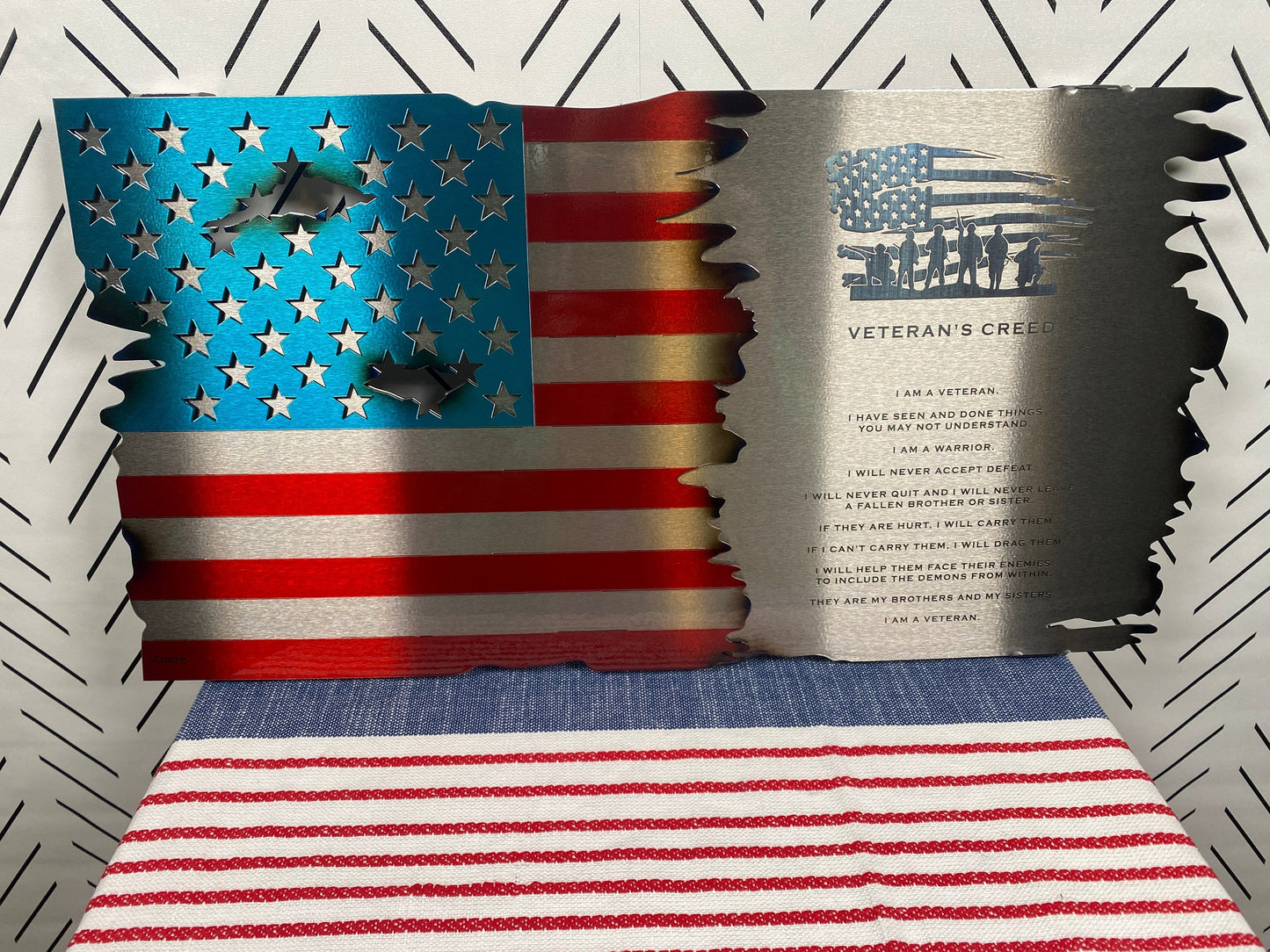 Veteran’s Creed Metal Flag featuring a distressed American flag background, crafted from durable metal with a rustic finish