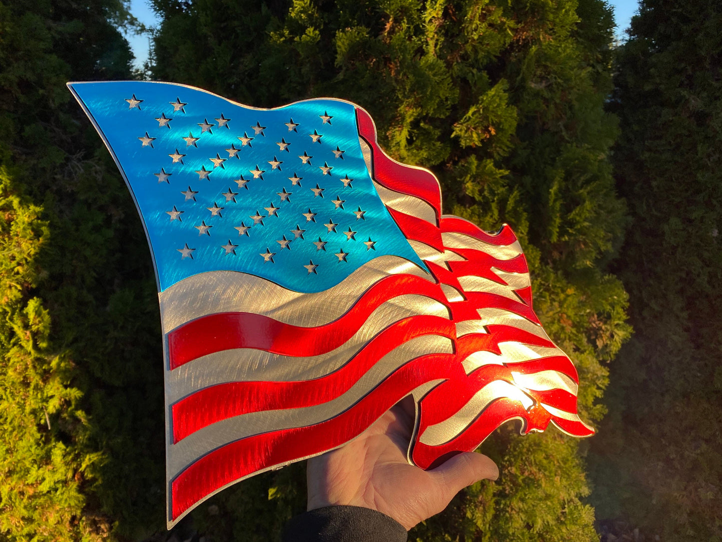 Wavy metal American flag with silver stars and stripes for patriotic home decor