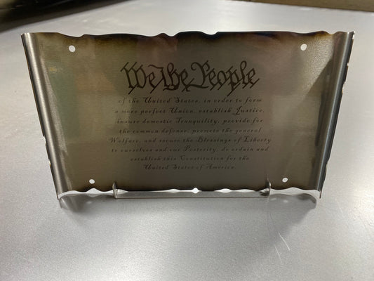 Laser engraved We The People metal sign with patriotic scrollwork