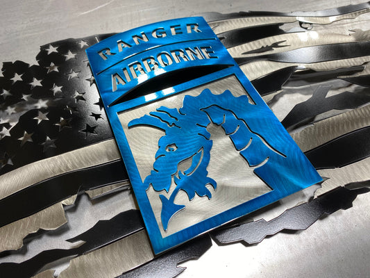 XVIII Airborne black and silver American metal flag with two-piece emblem