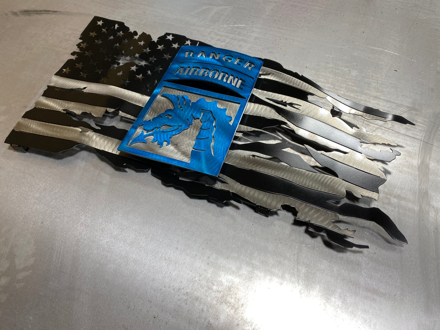 XVIII Airborne black and silver American metal flag with two-piece emblem