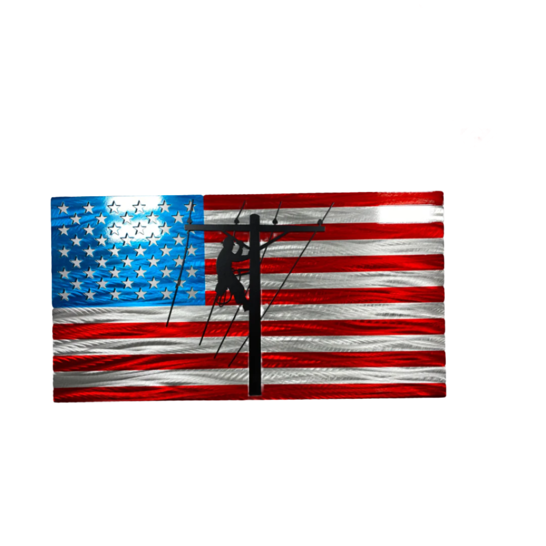 Metal American Flag with  Lineman silhouette