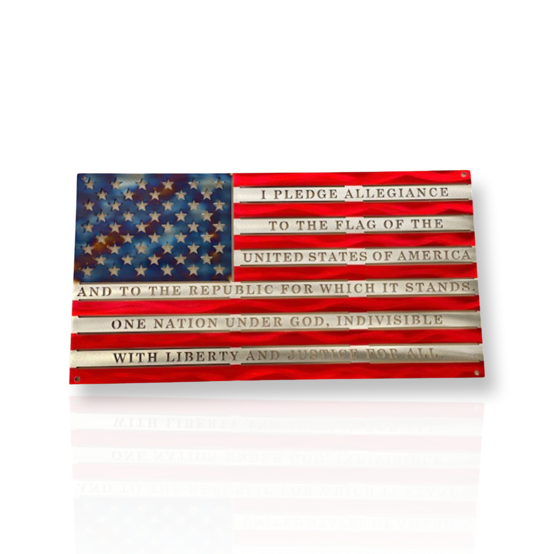 Metal American flag with engraved Pledge of Allegiance