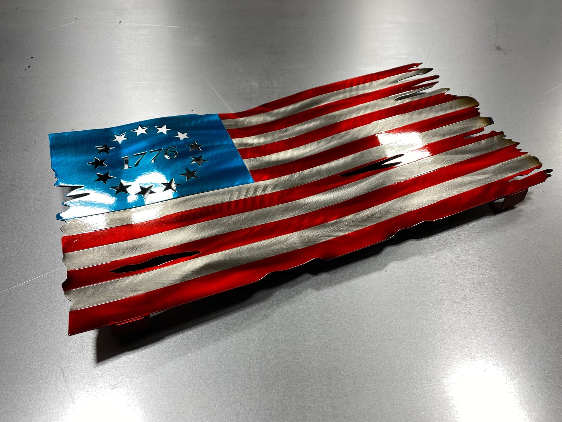 Betsy Ross 1776 American Flag metal wall art, handcrafted steel with heat patina star field and Candy Blue & Red powder coat by CnS CnC