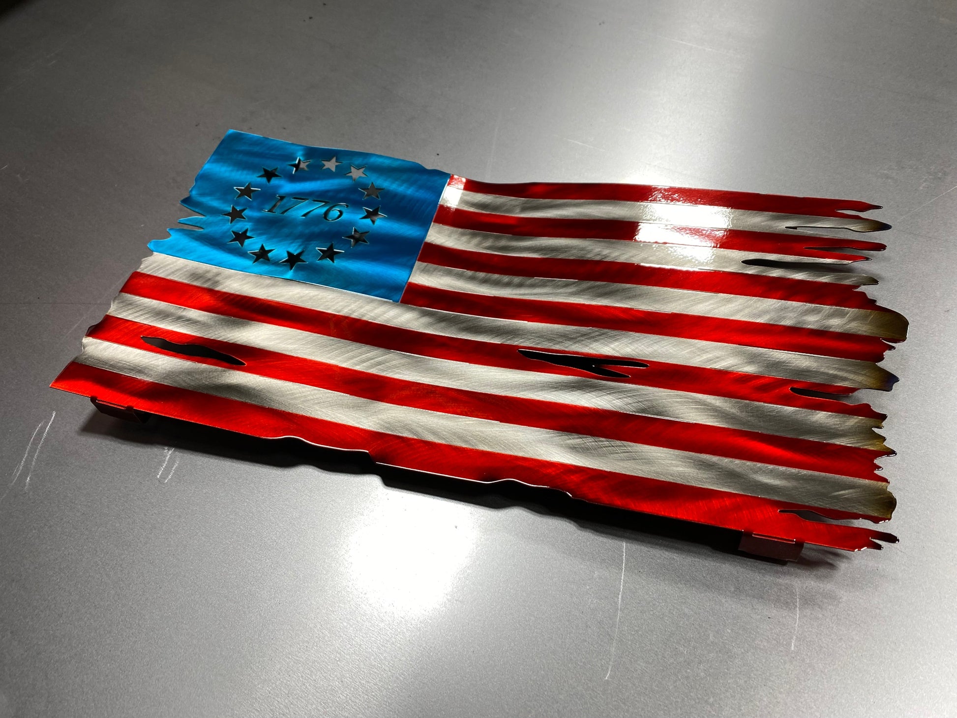 Betsy Ross 1776 American Flag metal wall art, handcrafted steel with heat patina star field and Candy Blue & Red powder coat by CnS CnC