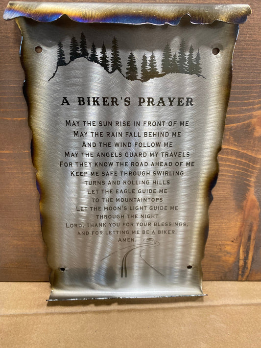 Biker’s Prayer Scroll, handcrafted metal wall art with laser-etched prayer and rugged scroll edges