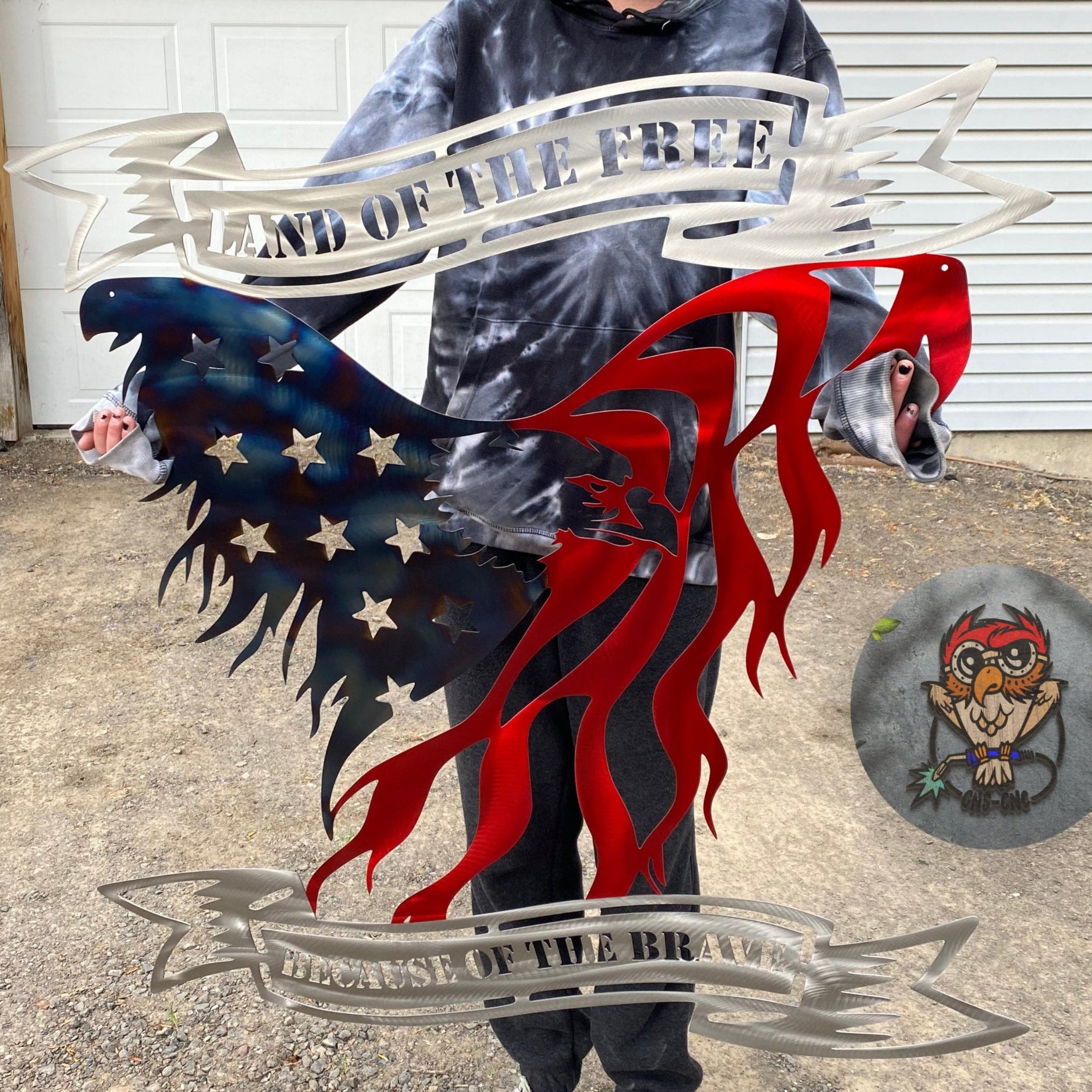 Land of the Free, Because of the Brave metal eagle with battle-worn flag finish,  with heat patina and Red powder coat