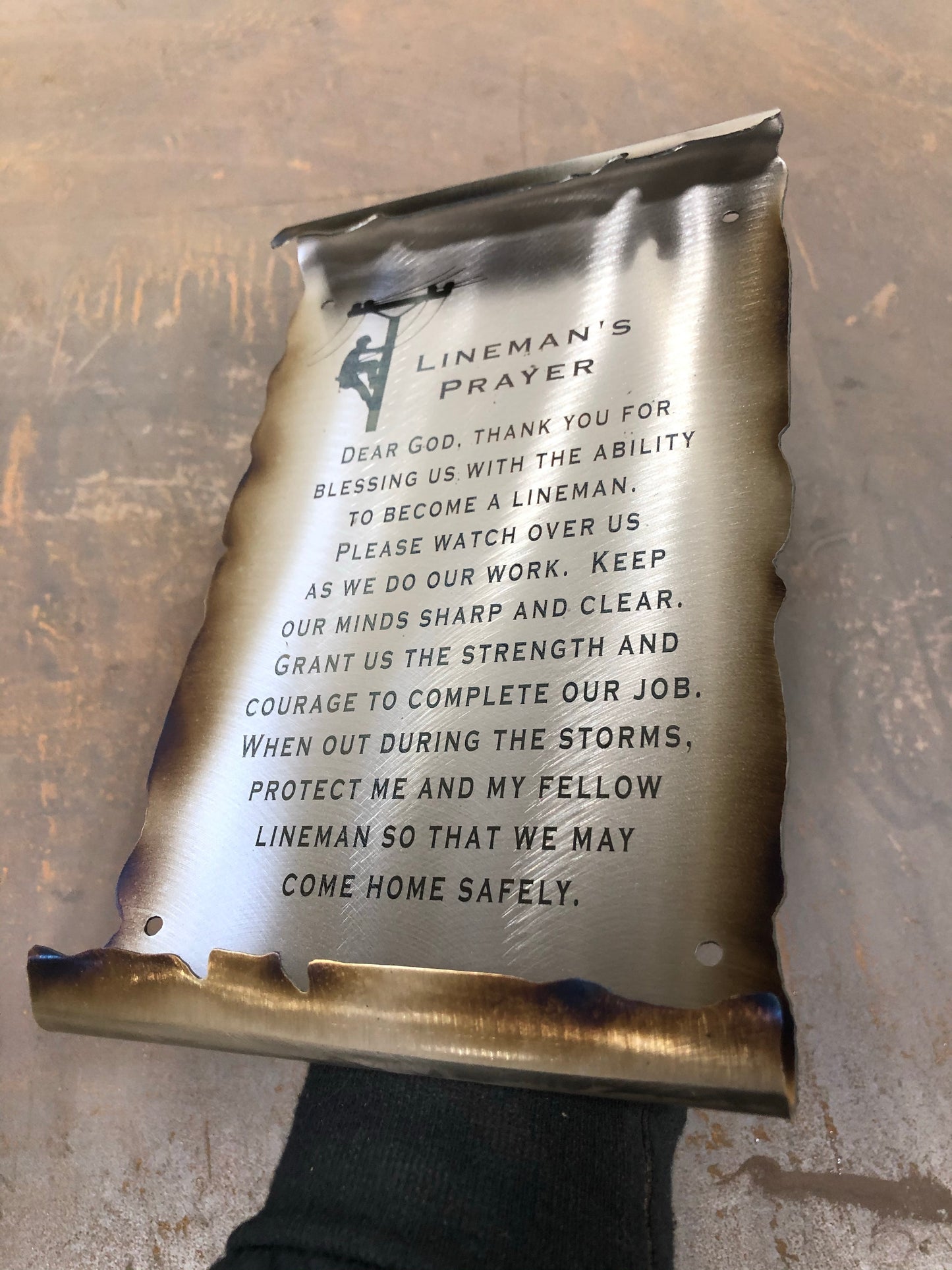 Handcrafted metal scroll with Lineman’s Prayer, formed 10-inch tall wall tribute for linemen and utility workers