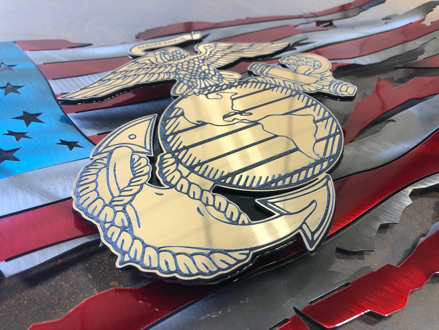 Marine Corps Premium Metal Flag with floating laser-engraved USMC insignia, powder-coated and detailed with hand-formed waves.