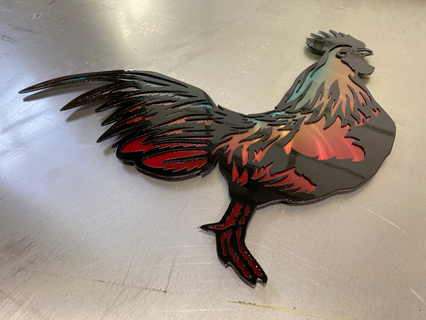 Ombré Rooster metal wall art, handcrafted with a double-layer design and custom ombré powder-coated finish by CnS CnC.
