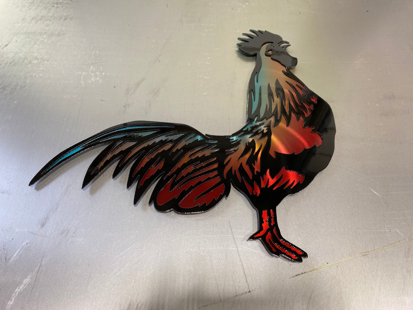 Ombré Rooster metal wall art, handcrafted with a double-layer design and custom ombré powder-coated finish by CnS CnC.