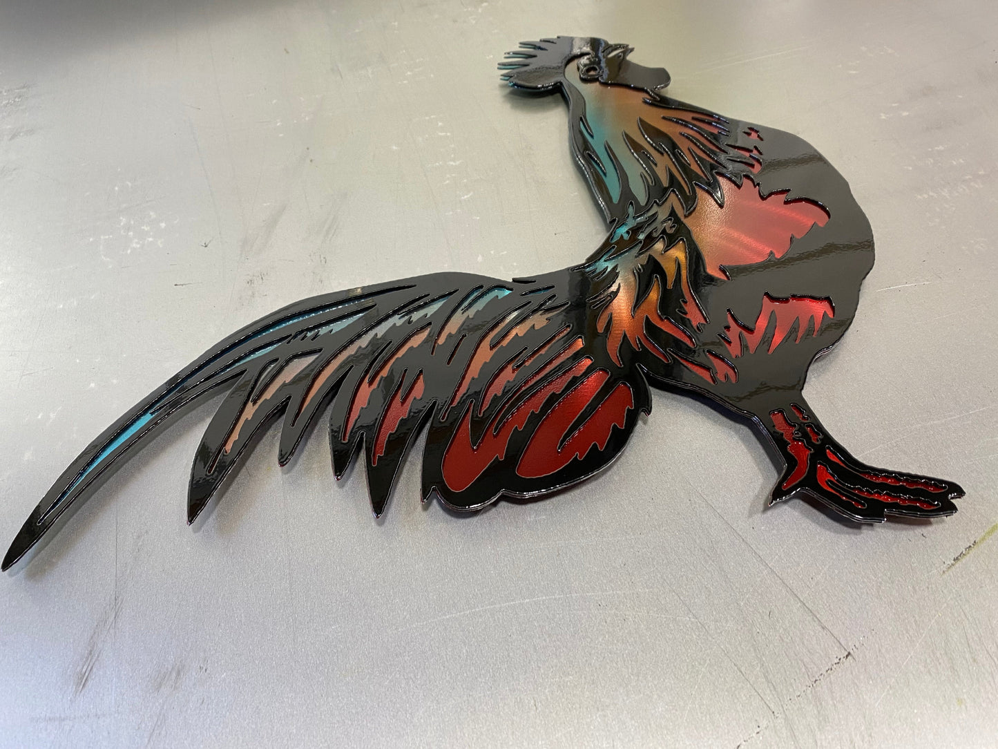 Ombré Rooster metal wall art, handcrafted with a double-layer design and custom ombré powder-coated finish by CnS CnC.