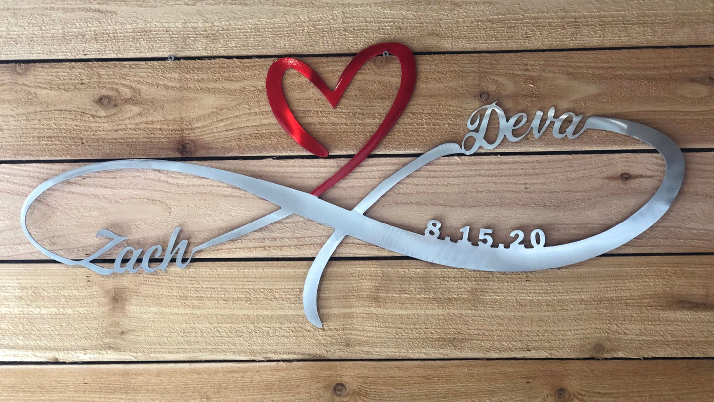 Personalized Infinity Heart, handcrafted from aluminum with custom names and wedding date, and powder-coated