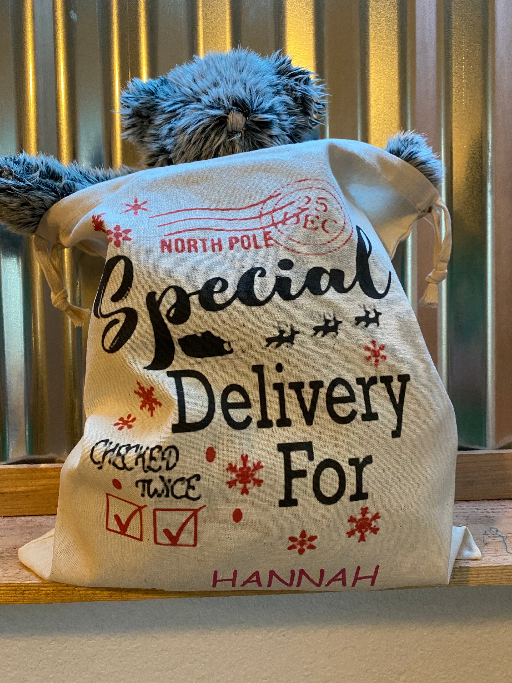 Personalized Santa sack with recipient’s name, DTG printed holiday gift bag measuring 14 by 12 inches