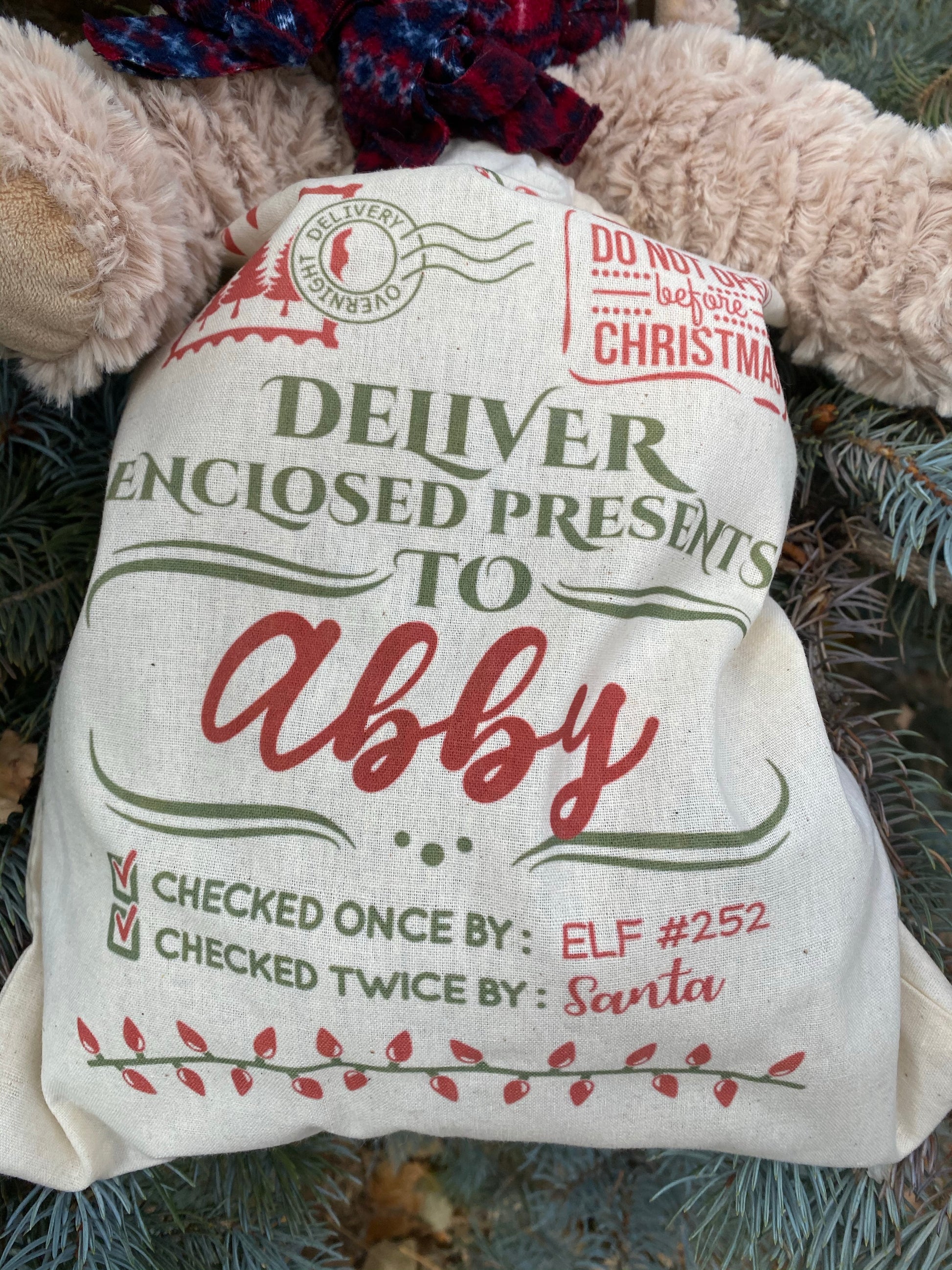 Personalized Santa sack with recipient’s name, DTG printed holiday gift bag measuring 14 by 12 inches