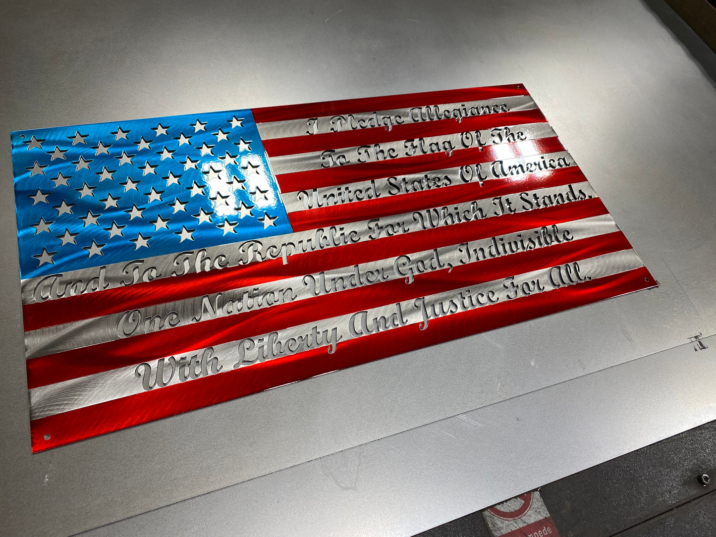 Pledge of Allegiance Metal Flag with cursive text – custom metal wall art by CnS CnC