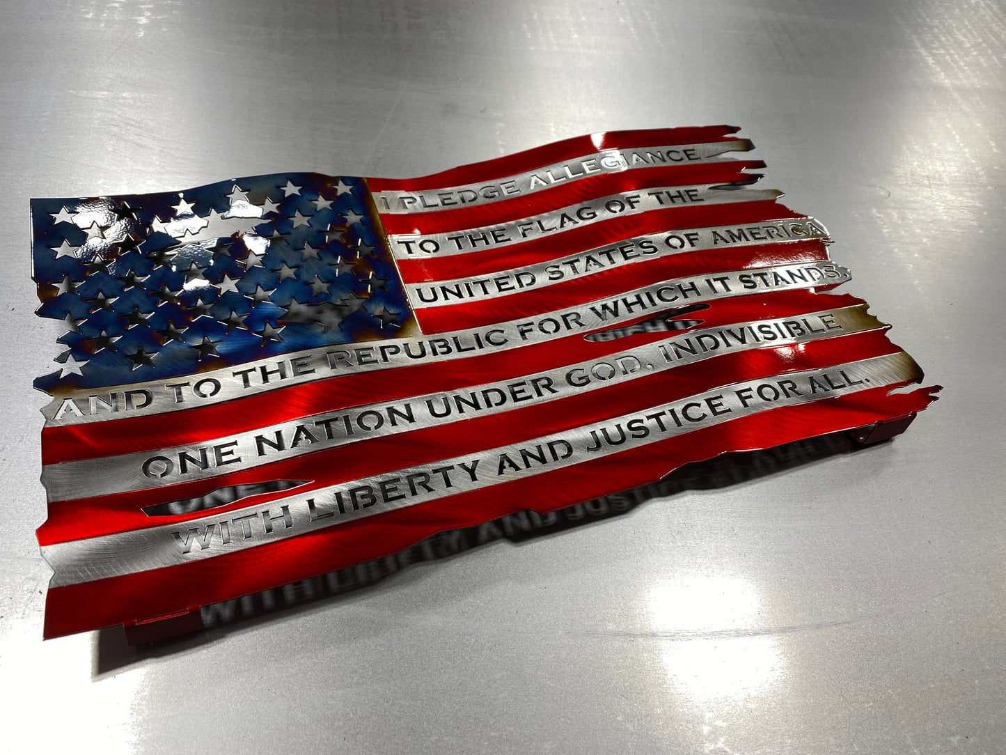 Pledge of Allegiance Metal Flag with heat patina star field – custom metal wall art by CnS CnC