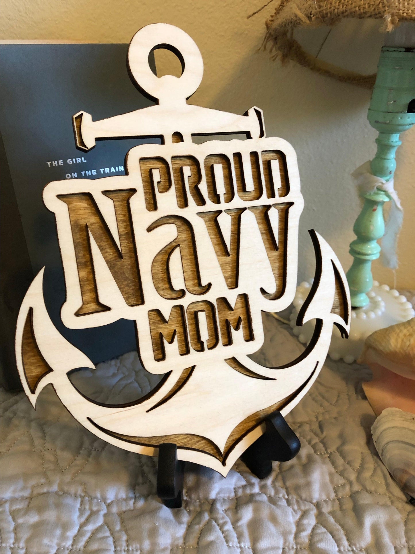 Laser-cut wooden Proud Navy Mom wall hanging made from Baltic Birch, 10x8 inches