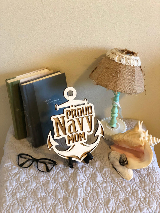 Laser-cut wooden Proud Navy Mom wall hanging made from Baltic Birch, 10x8 inches