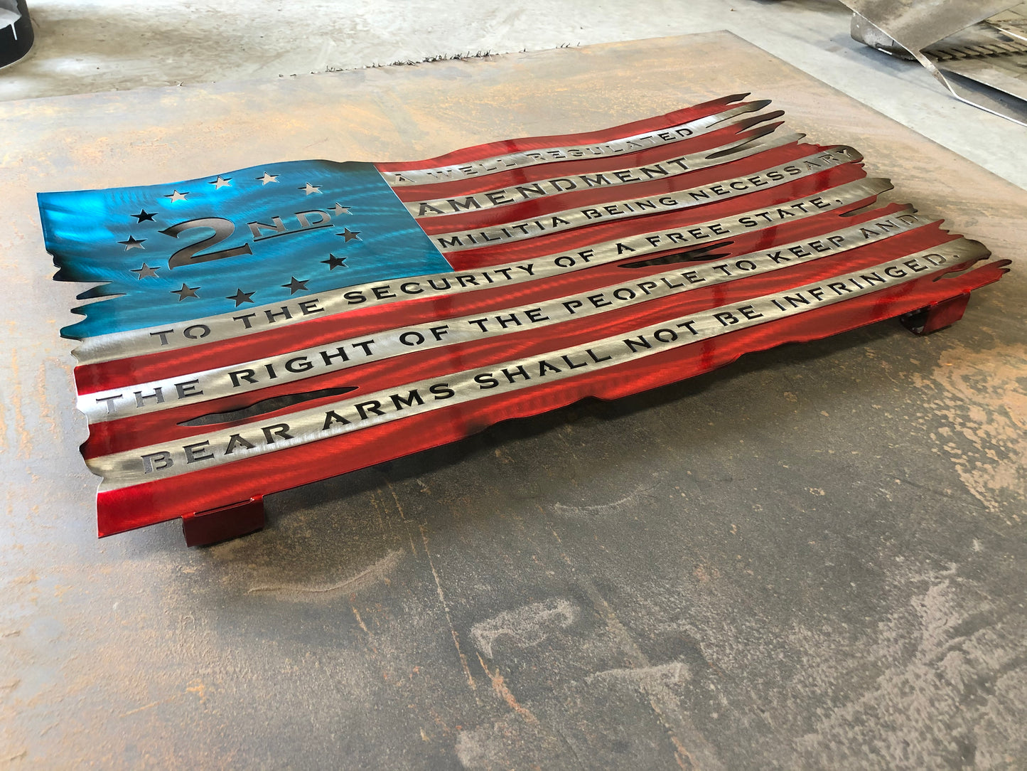 Second Amendment American Flag, handcrafted from American steel with hand-formed waves and a three-stage powder-coated finish by CnS CnC.