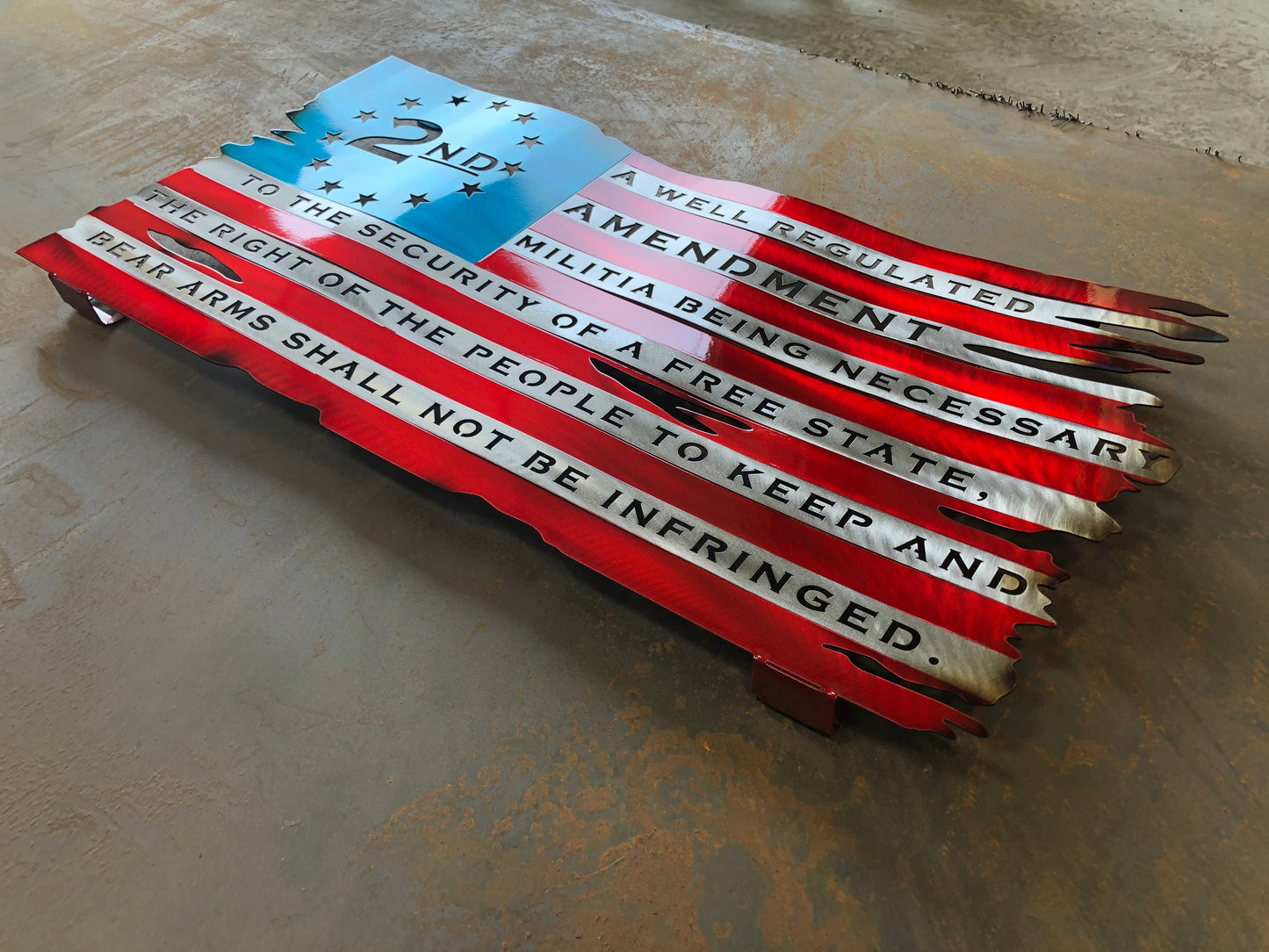 Second Amendment American Flag, handcrafted from American steel with hand-formed waves and a three-stage powder-coated finish by CnS CnC.
