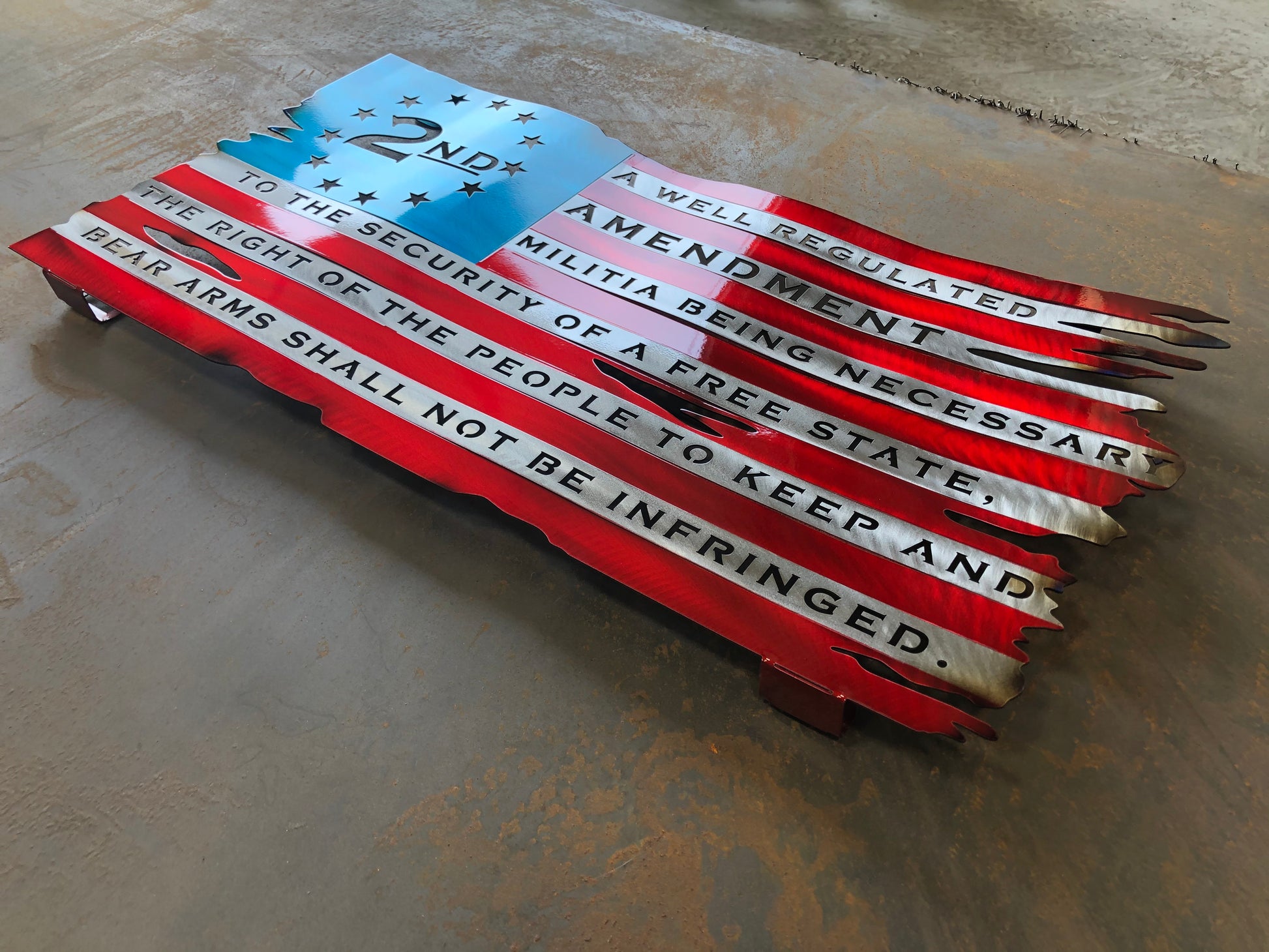 Second Amendment American Flag, handcrafted from American steel with hand-formed waves and a three-stage powder-coated finish by CnS CnC.