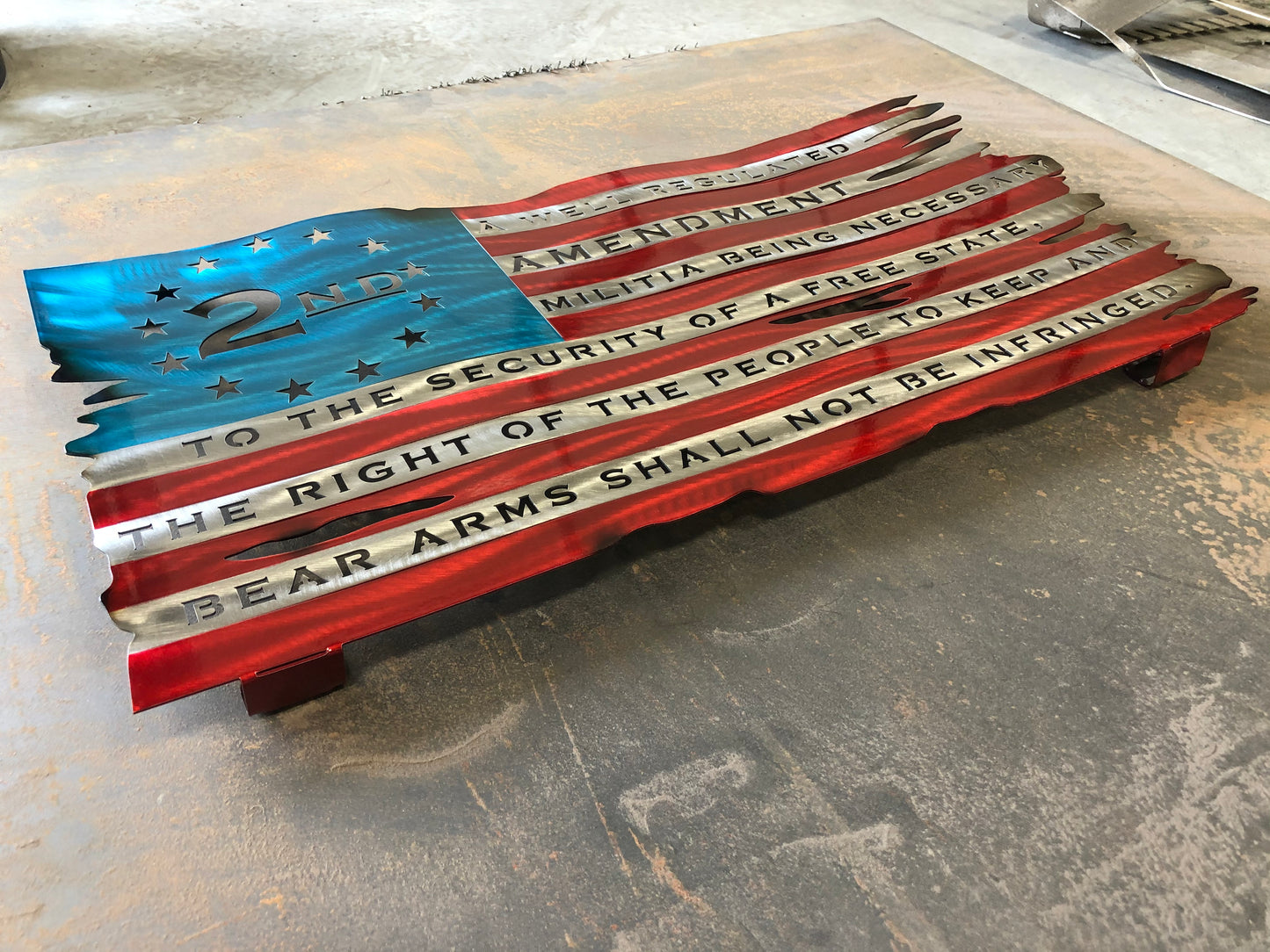 Second Amendment American Flag, handcrafted from American steel with hand-formed waves and a three-stage powder-coated finish by CnS CnC.