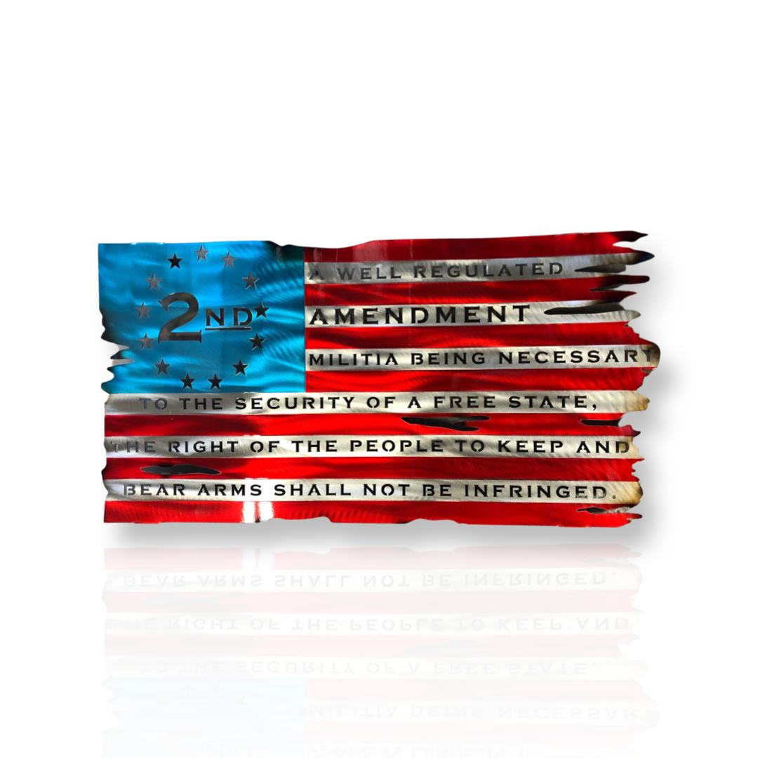 Second Amendment American Flag, handcrafted from American steel with hand-formed waves and a three-stage powder-coated finish by CnS CnC.