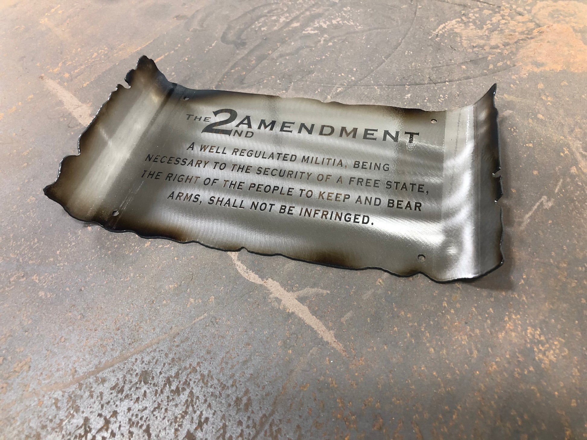 Second Amendment metal scroll sign engraved on brushed American steel with annealed text, heat patina, and powder coat finish by CnS CnC