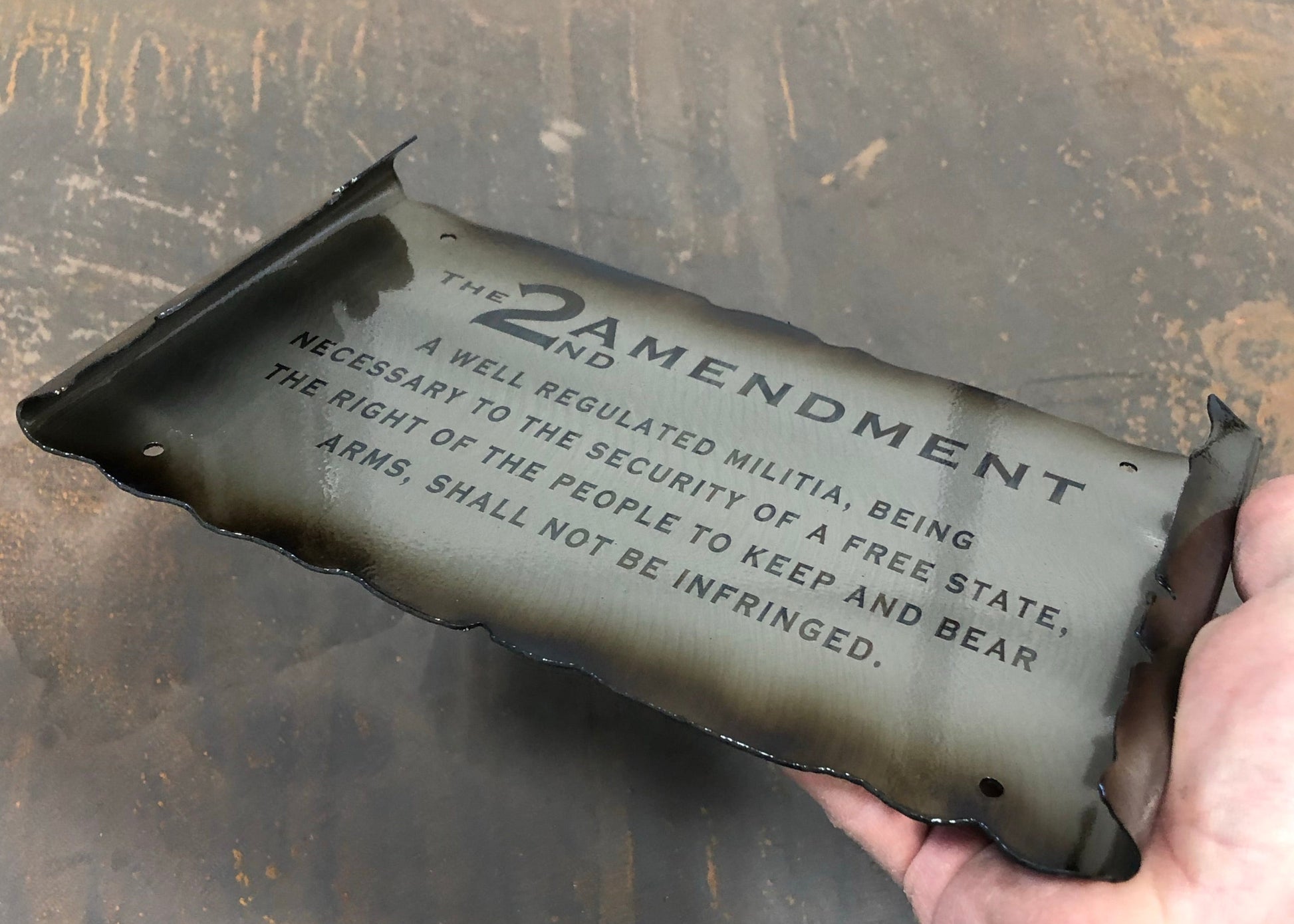 Second Amendment metal scroll sign engraved on brushed American steel with annealed text, heat patina, and powder coat finish by CnS CnC