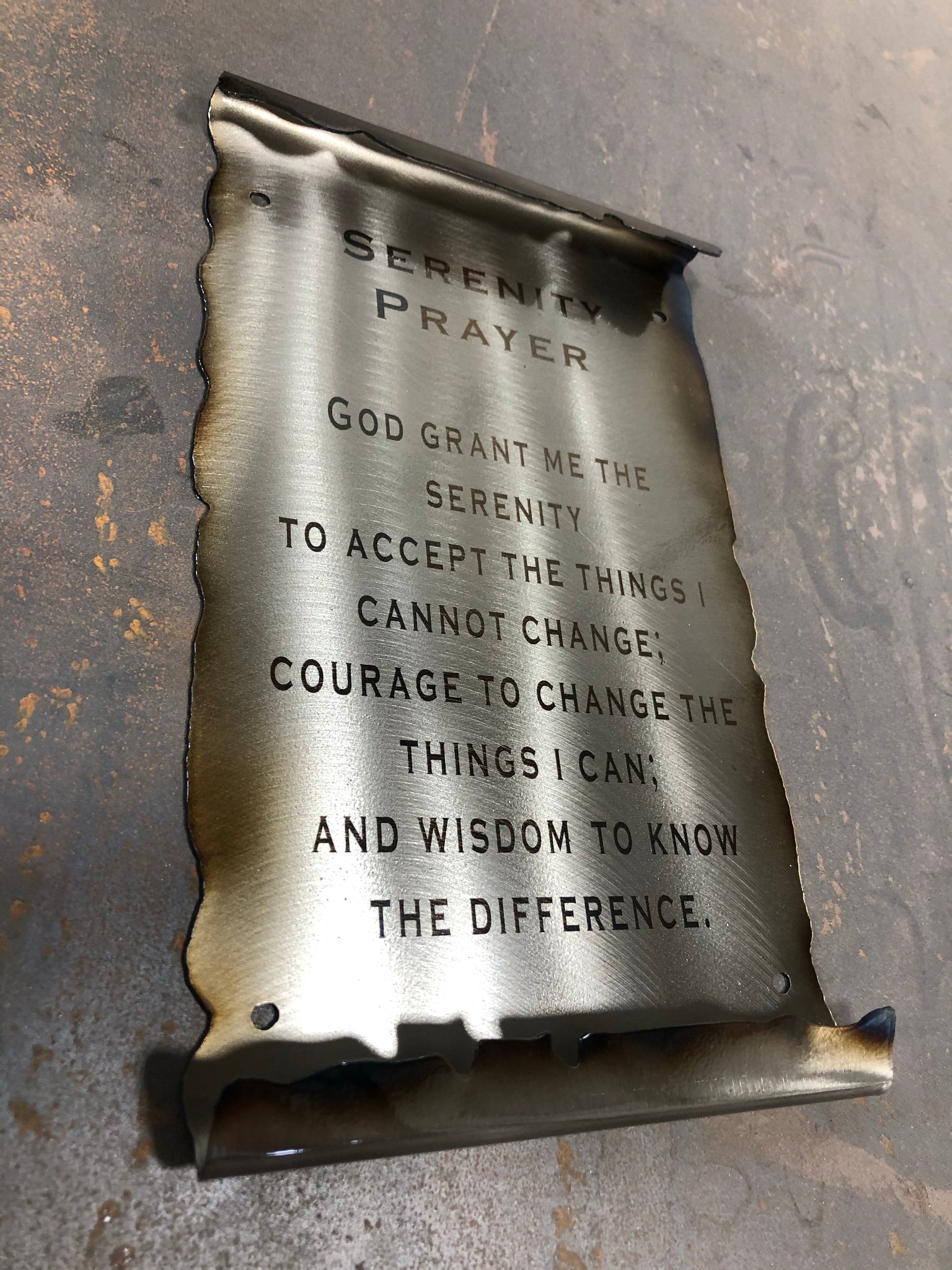 Serenity Prayer Metal Scroll, handcrafted American steel wall art with laser-etched text, heat patina accents, and a clear powder coat finish by CnS CnC.