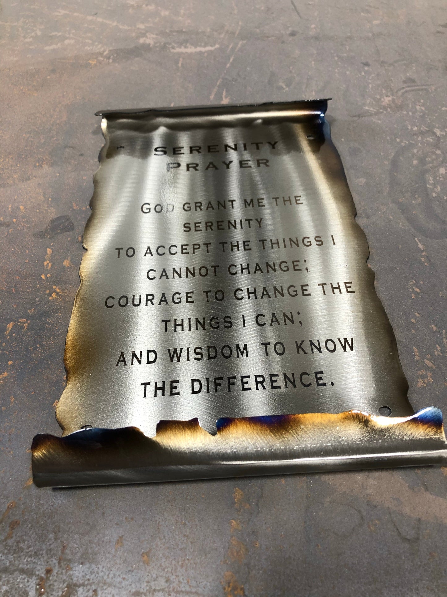 Serenity Prayer Metal Scroll, handcrafted American steel wall art with laser-etched text, heat patina accents, and a clear powder coat finish by CnS CnC.