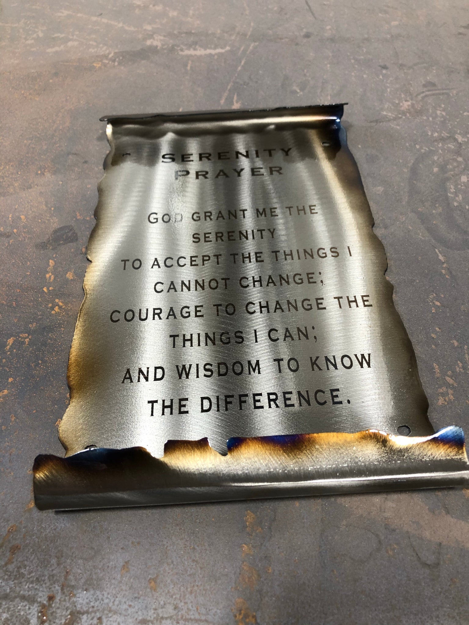 Serenity Prayer Metal Scroll, handcrafted American steel wall art with laser-etched text, heat patina accents, and a clear powder coat finish by CnS CnC.