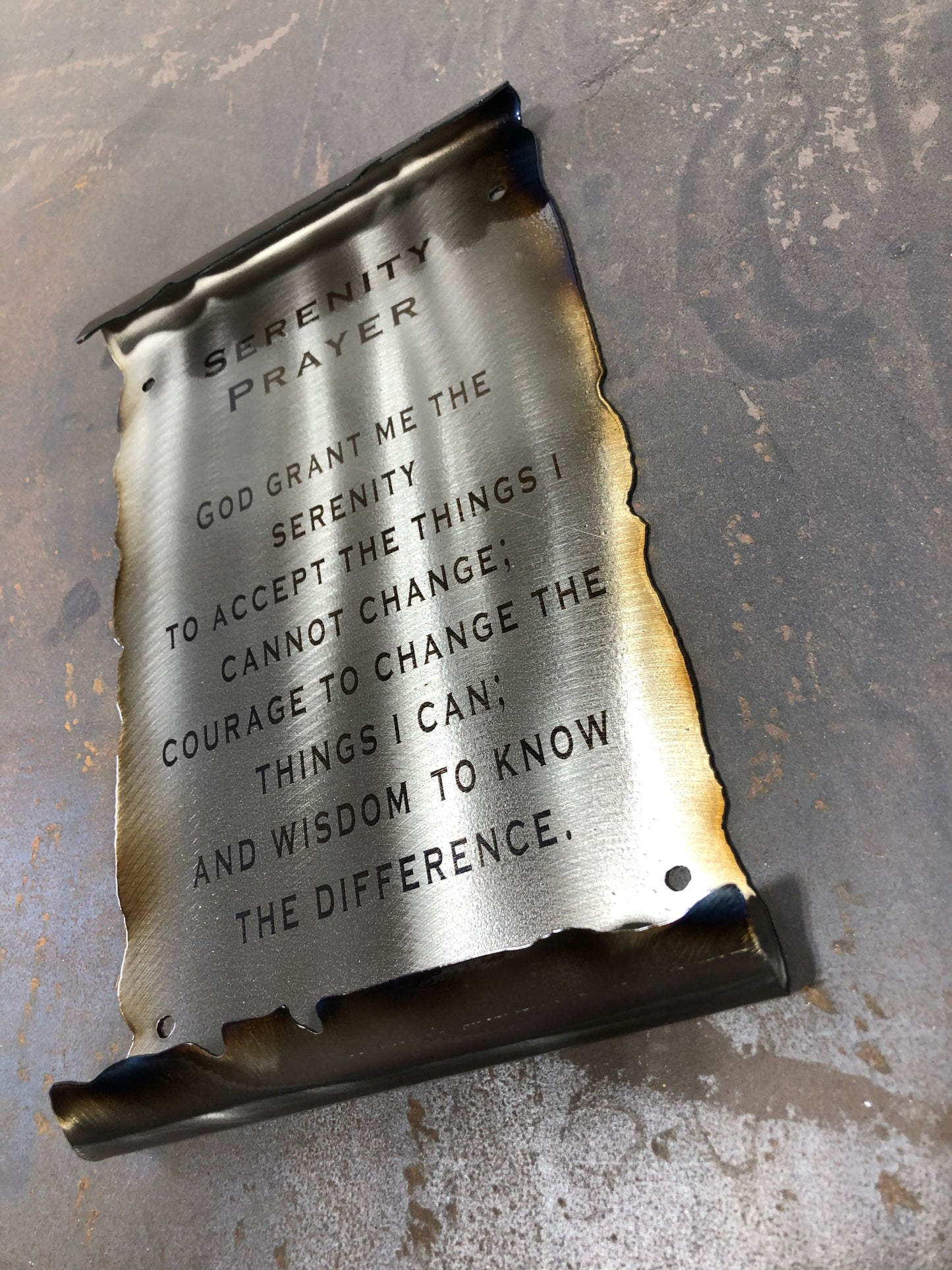 Serenity Prayer Metal Scroll, handcrafted American steel wall art with laser-etched text, heat patina accents, and a clear powder coat finish by CnS CnC.