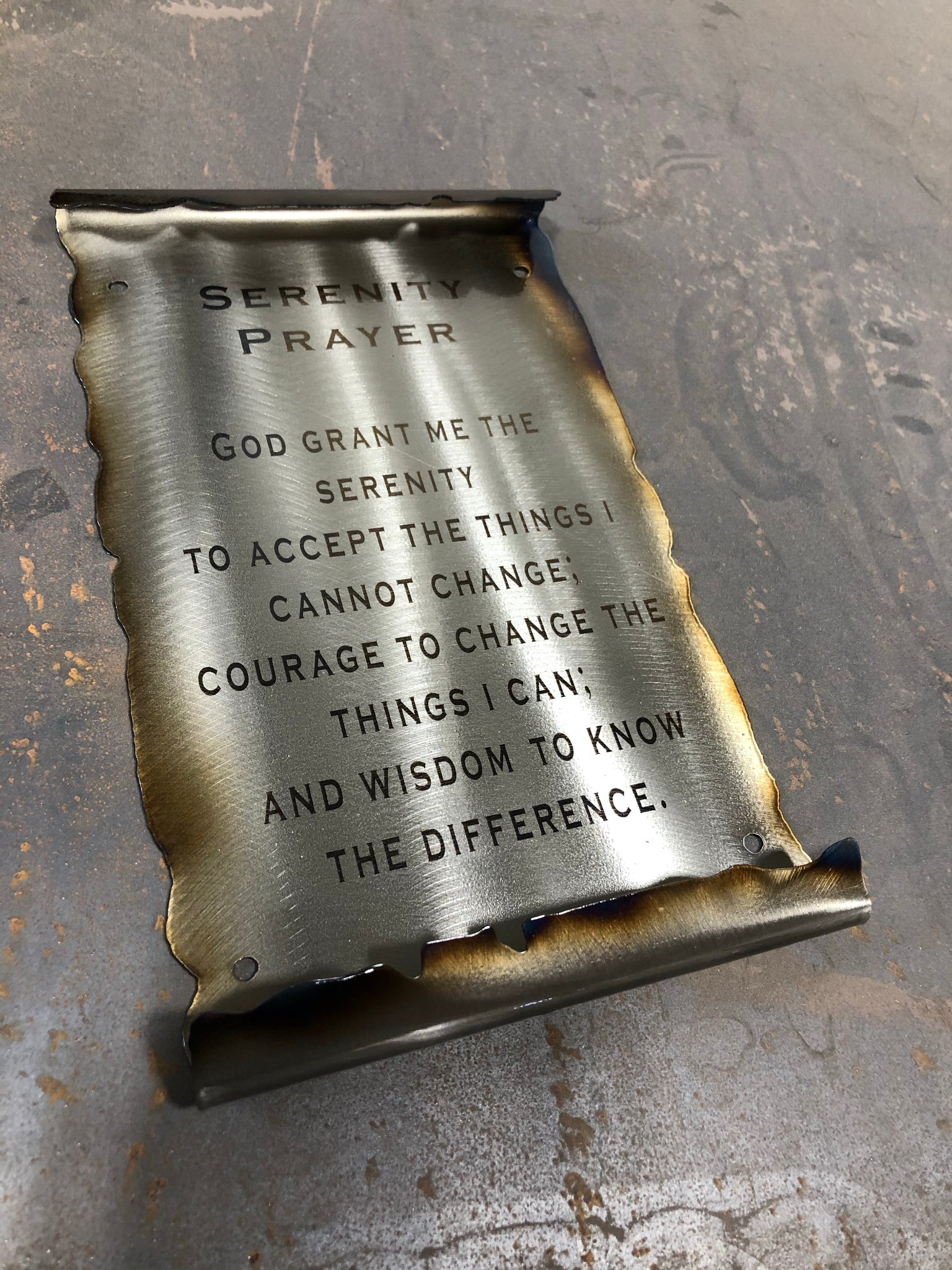 Serenity Prayer Metal Scroll, handcrafted American steel wall art with laser-etched text, heat patina accents, and a clear powder coat finish by CnS CnC.