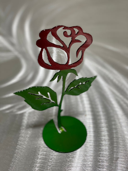 Steel Rose Cutout, handcrafted metal rose with candy red and green powder coat finish, available flat or with a standing base