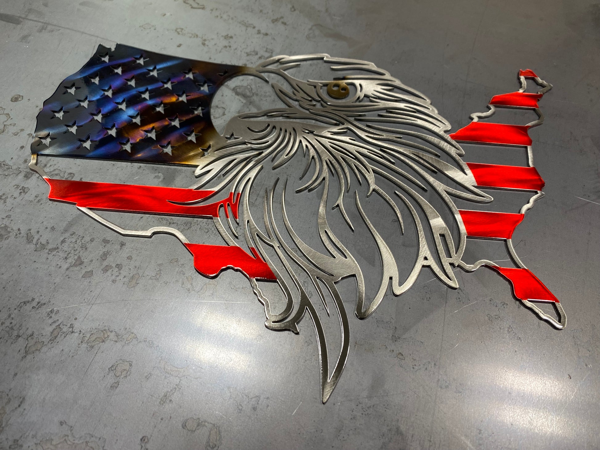 US Outline Eagle Flag patriotic metal wall art by CnS CnC โ American bald eagle with USA flag design