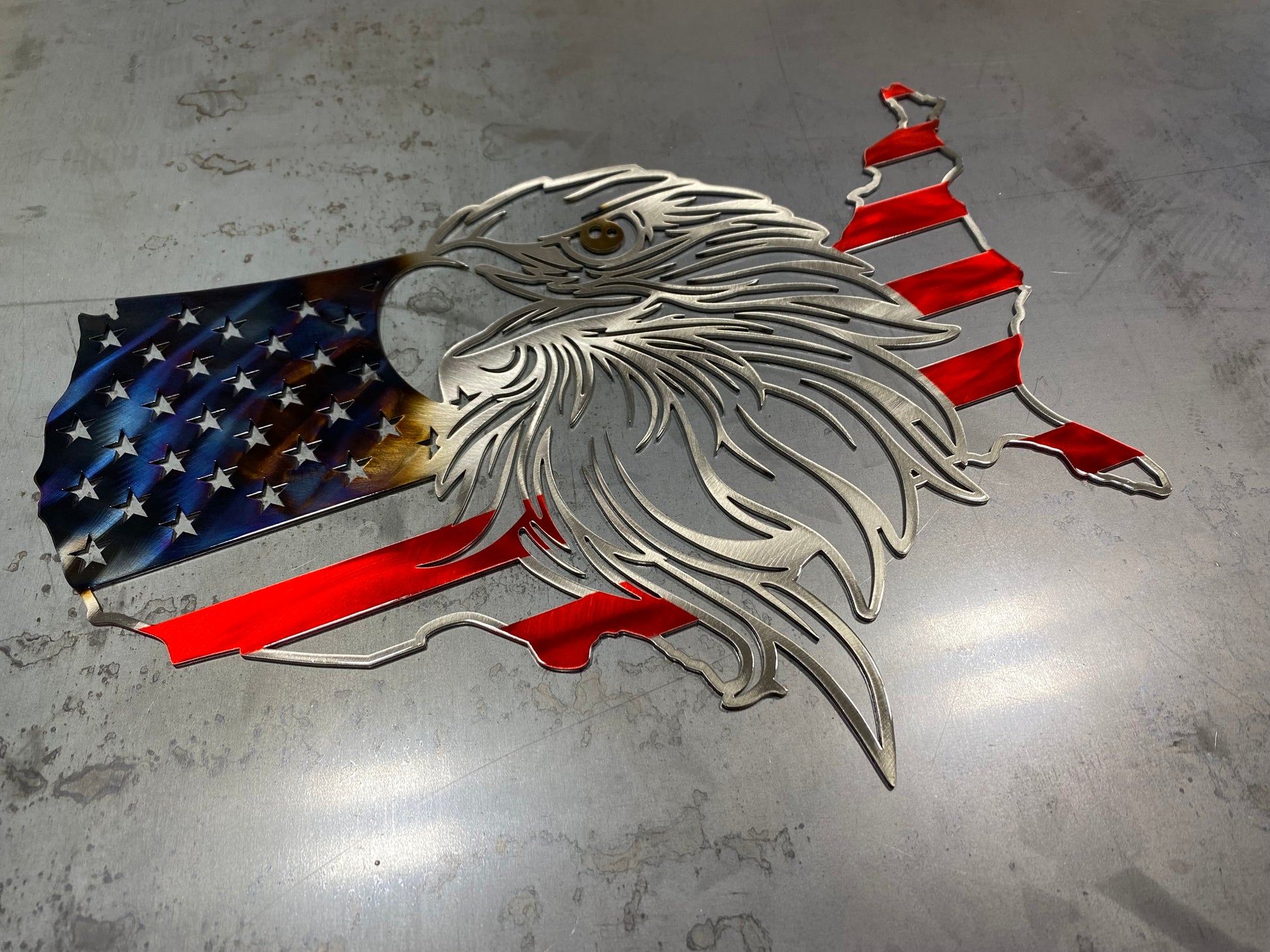 US Outline Eagle Flag patriotic metal wall art by CnS CnC โ American bald eagle with USA flag design