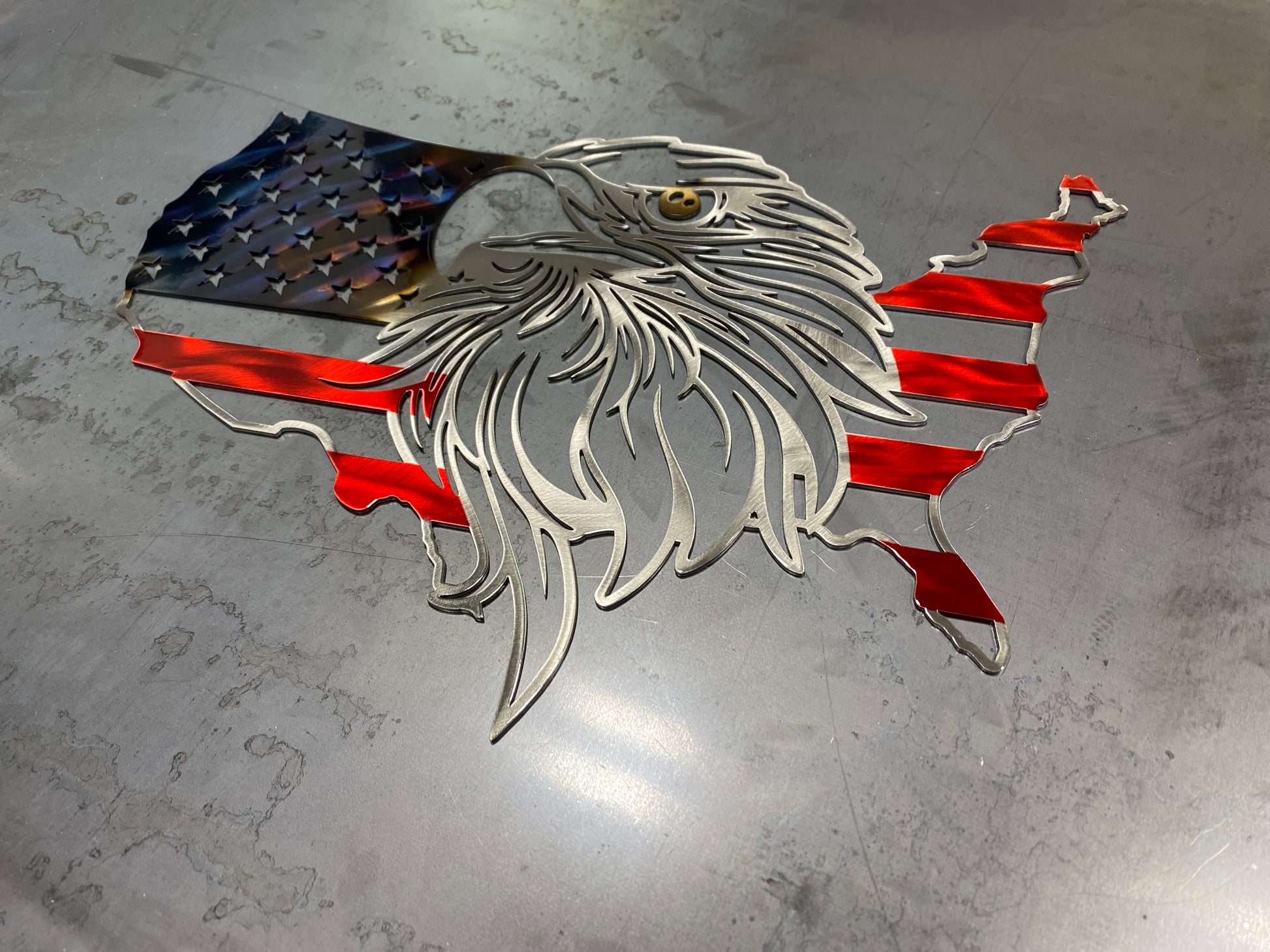 US Outline Eagle Flag patriotic metal wall art by CnS CnC โ American bald eagle with USA flag design